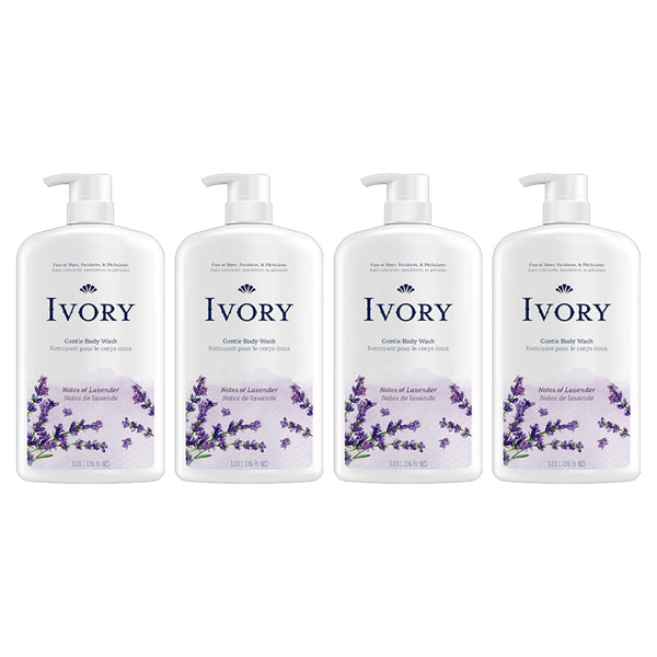 The 4 Pack of Ivory Mild & Gentle Body Wash, Lavender Scent (1.03 L each), offers a soothing lavender fragrance and gentle cleansing experience.